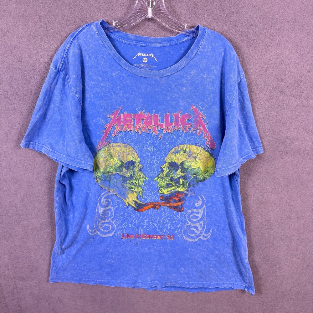 Metallica T Shirt Mens XXL Blue Acid Wash Skull Graphic Band Tee Rock Concert